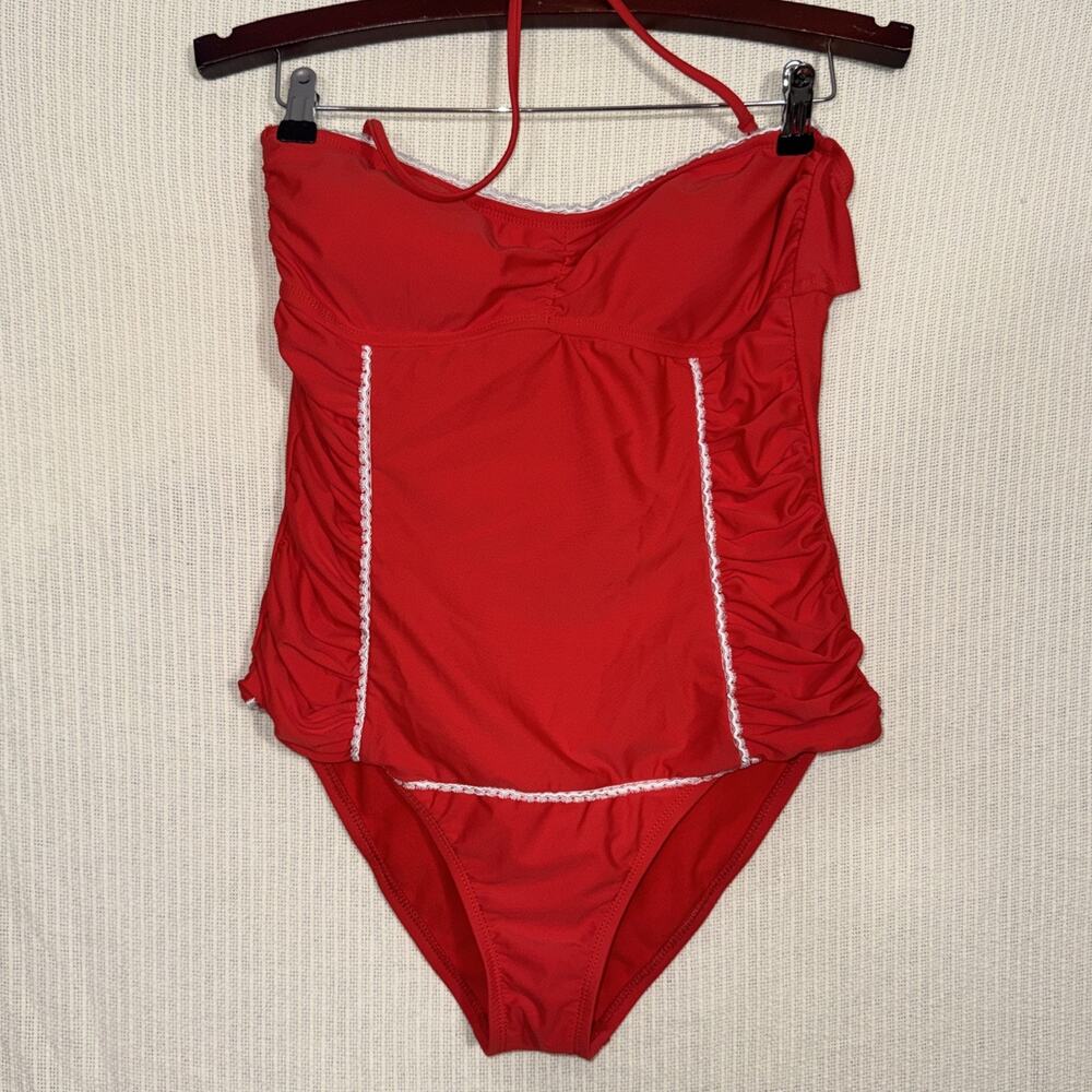 VM One Piece Swimsuit Red with White Trim Size XL Ruched Halter Top Pin Up Retro